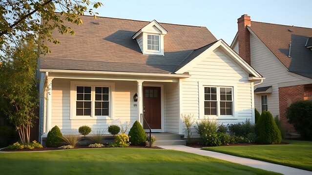 Suburban house with clean architectural lines and a front garden, bathed in soft daylight within a simple residential area.