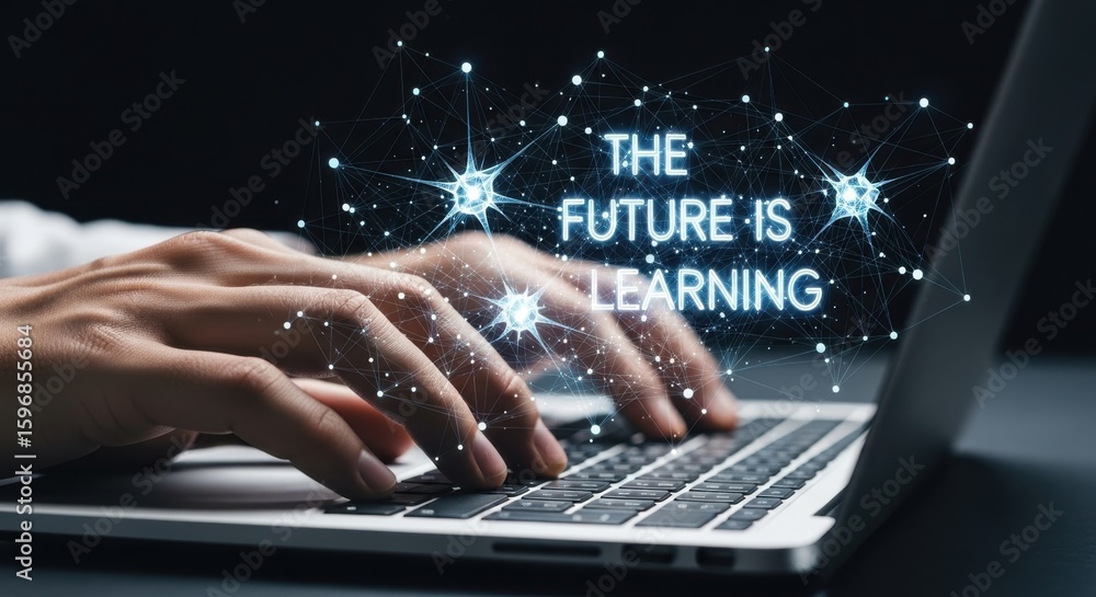 Poster hands typing on laptop with glowing network and text the future is learning computer technology