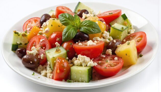 Greek salad on white plate, colorful mix of fresh greens, tomatoes, cucumbers, feta cheese, olives. Single green herb adds flavor, color on top. Mediterranean flavor profile. Ingredient bursts with - Powered by Adobe