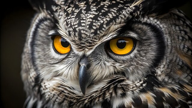 A portrait of a magnificent great horned owl, a wise brown bird of prey with piercing yellow eyes, showcasing its intricate feathers and the untamed beauty of wildlife - Powered by Adobe