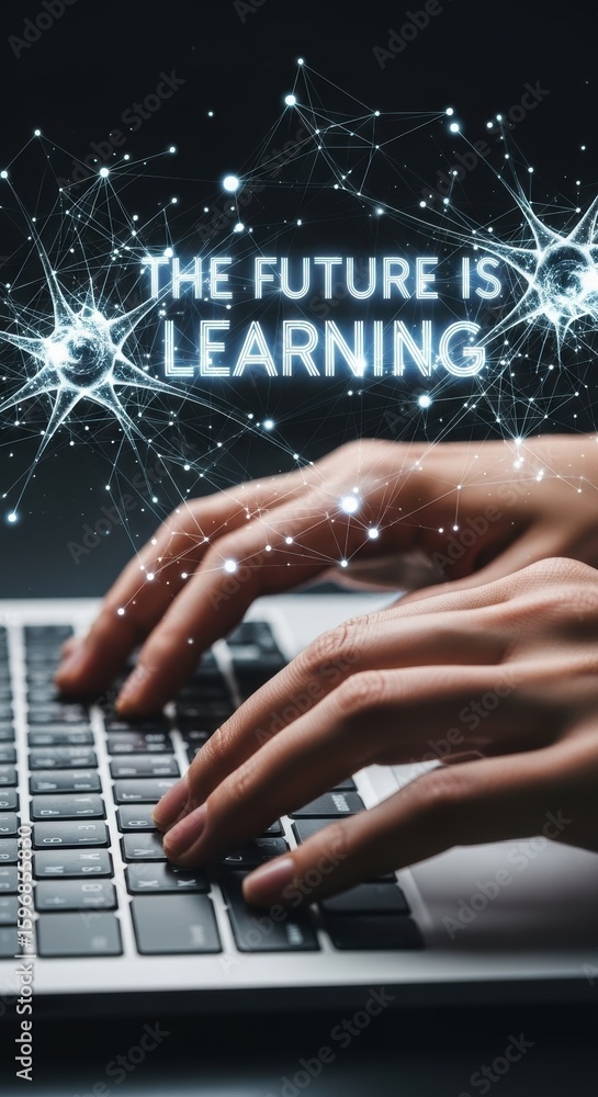 Aufkleber hands typing on laptop with glowing network connections and text the future is learning generative a