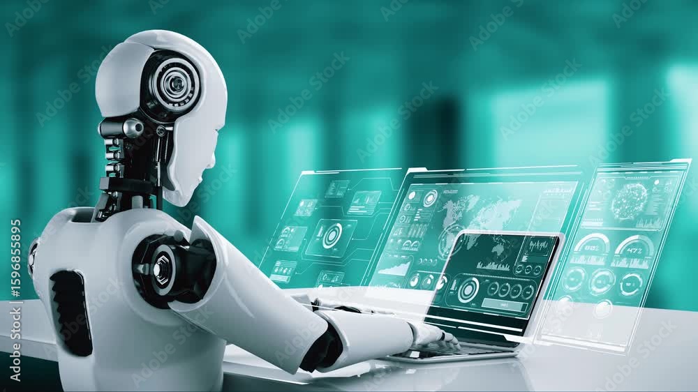 Poster robot hominoid use laptop and sit at table for big data analytic using ai thinking brain , artificia