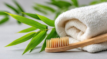 Sustainable bamboo toothbrush and towel.