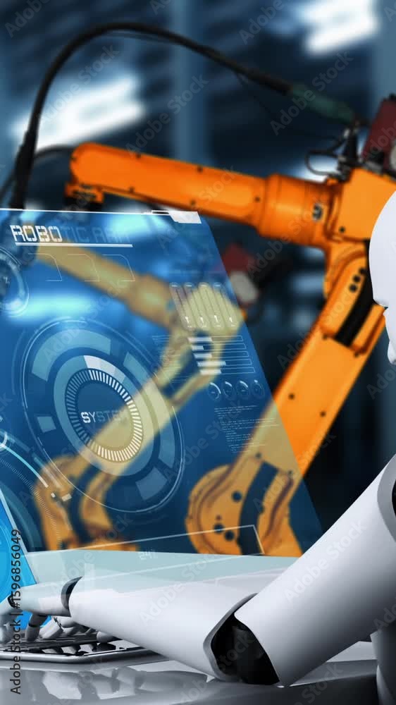 Poster cybernated industry robot and robotic arms for assembly in factory production . concept of artificia