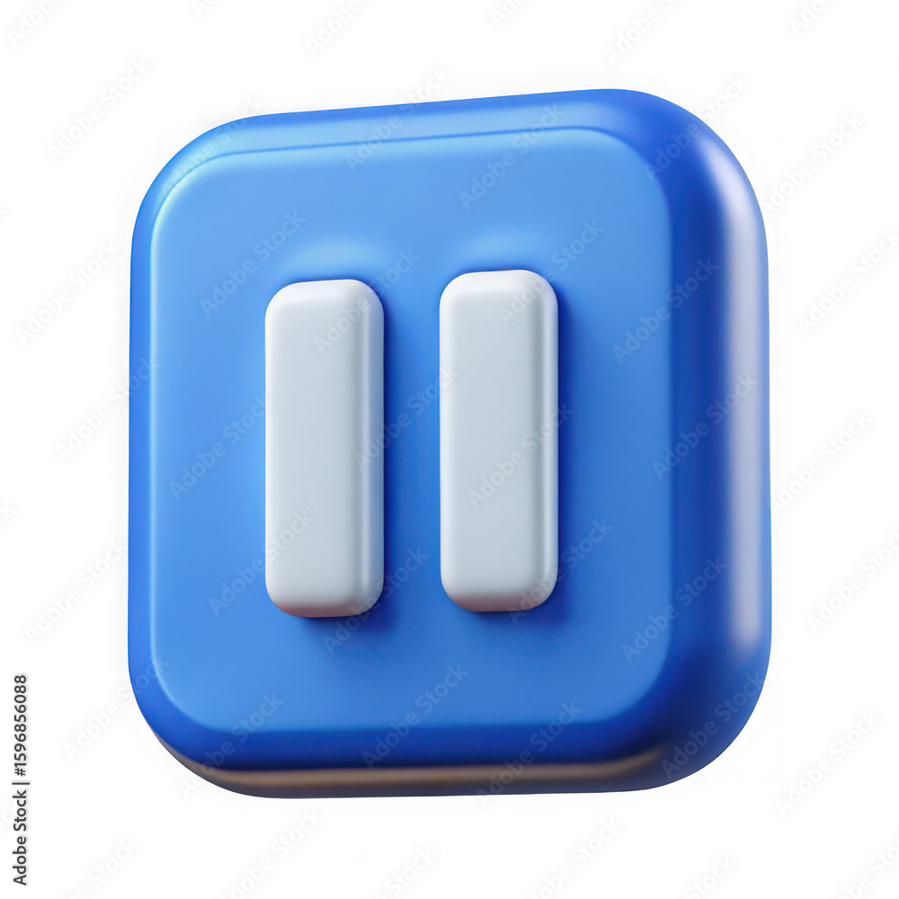Poster 3d blue pause button icon with white bars isolated on transparent background