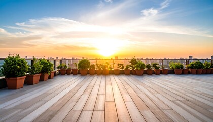Fototapeta premium Rooftop terrace at sunset, city view