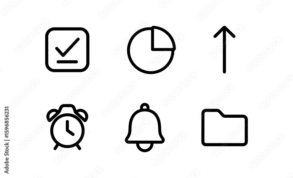Poster minimalist line icons for business and productivity with checkmark and alarm