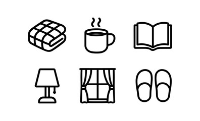 Cozy home living essentials: blanket, coffee mug, open book, lamp, curtains, slippers