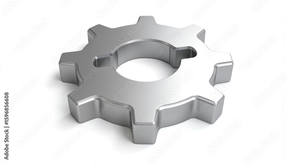 Poster gray gear mechanism in close-up view against white background. rounded shape with visible teeth. pre