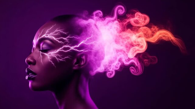 A womans head explodes with colorful smoke and crackling lightning, symbolizing powerful thoughts