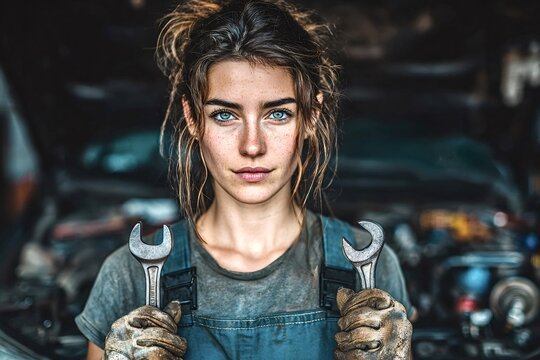 Confident young woman mechanic holding wrenches and wearing gloves and work overalls while standing in front of a car in a repair shop, demonstrating her expertise and passion for her profession