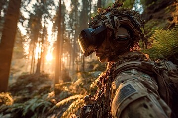 Us soldier wearing a camouflage uniform and virtual reality headset, immersed in a training simulation within a forest at sunset, embracing advanced technology for combat preparation