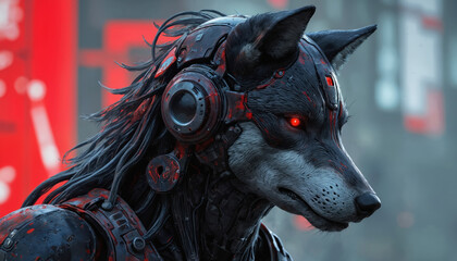 Futuristic cyborg wolf creature with red eyes, mechanical arms, metal armor, wires. Machine-like appearance with long snout. Monochrome form with striking red contrast. Gray urban background with red