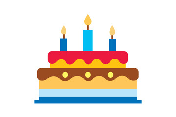 Colorful Birthday Cake Illustration with Three Burning Candles on Top