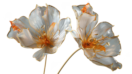 Two delicate, transparent flowers with golden edges and orange centers, isolated on a transparent background