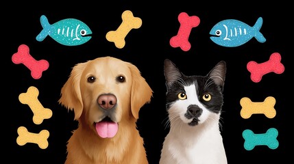 Fototapeta premium Golden retriever and black-white cat surrounded by colorful fish and bone shapes on black