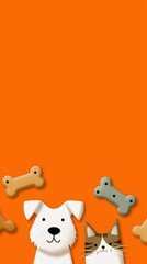 Cute dog and cat on orange background with colored bones