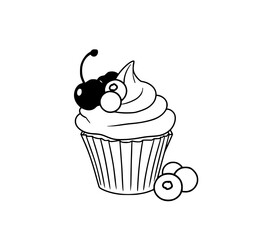 Berrylicious Cupcake: A delightful line art illustration of a cupcake adorned with cherries and blueberries, showcasing its simple yet charming design.