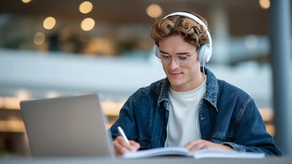 A focused student author multitasks in a modern urban loft, typing on a laptop, writing in a journal, and staying connected with a smartphone nearby.