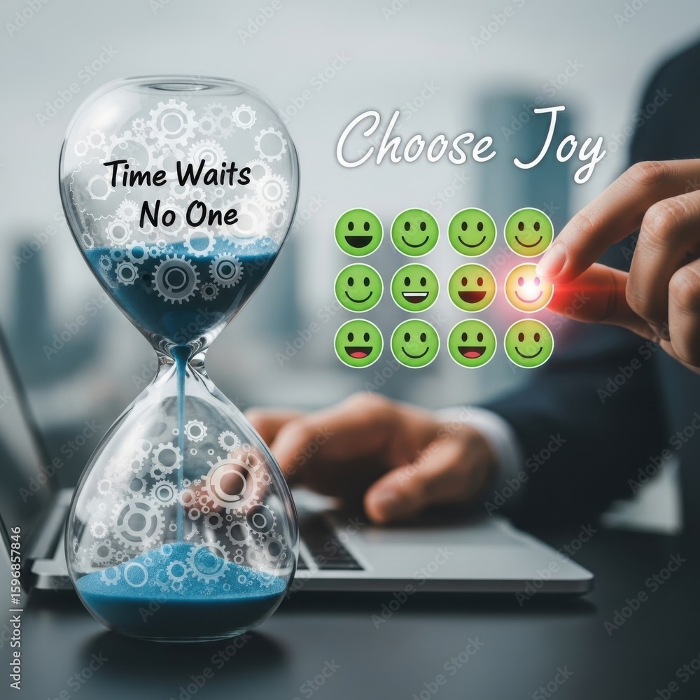 Poster hourglass with gears and smiling faces grid with finger selecting happy face time clock