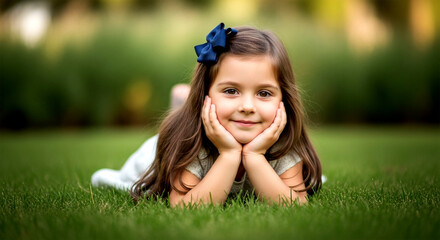 Adorable little girl lying on grass, smiling serenely at camera.