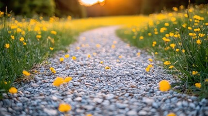 Walking Gravel Path Through Field with Yellow Flowers at Sunset