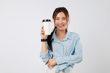 Coffee takeaway cup held by cheerful woman during a cafe break, showing coffee time happiness,...
