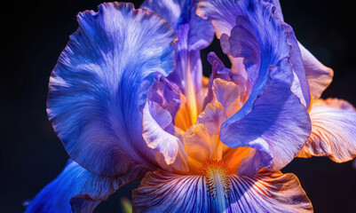 Close-up of vibrant blue iris flower with multicolored petals curving towards viewer. Bright yellow center contrasts with cool blue petals. Iris main subject, occupying majority of frame, drawing