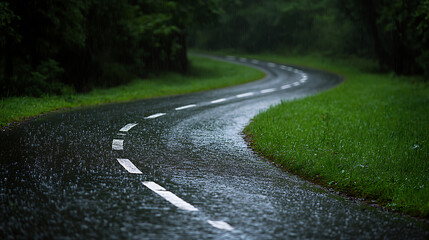 Rainy Road: A winding asphalt path through lush greenery, punctuated by white dashed lines, glistening under a soft rain, evoking a peaceful, reflective mood.