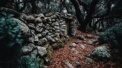 Obraz premium Stone Hut in Forest Clearing with Leaf-covered Ground