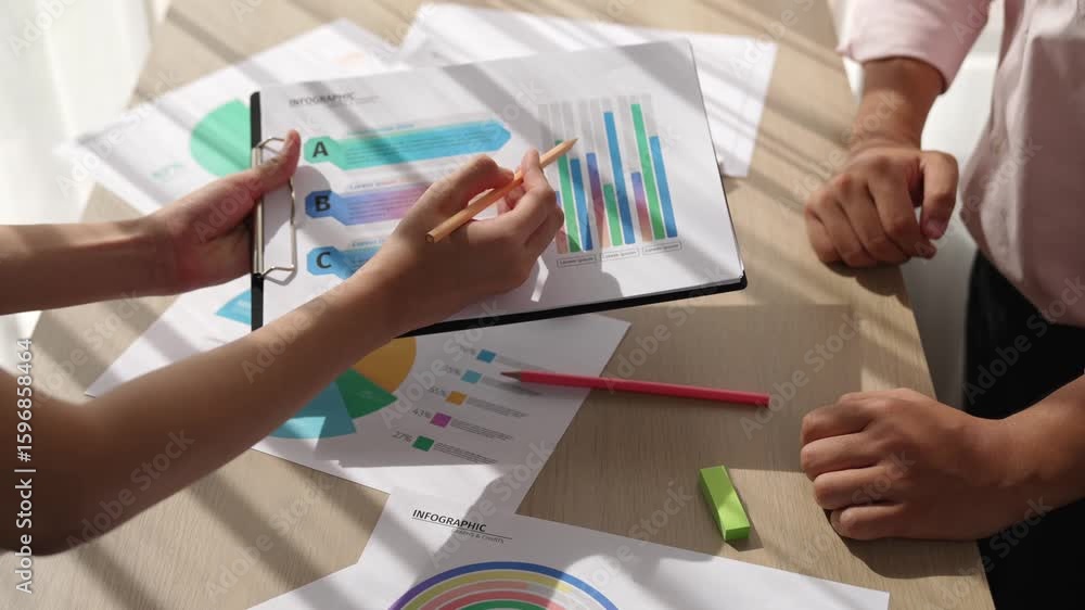 Poster startup employee working together, analyzing bi dashboard paper on financial data report but reject 