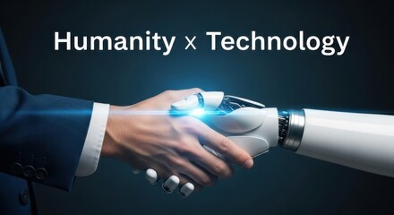 Human hand shaking robotic arm with glowing blue light handshake technology