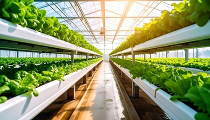 Rows of lettuce plants in a modern greenhouse