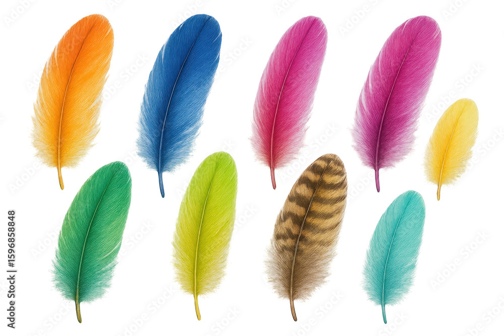 Poster realistic colorful feathers floating on a transparent background, creating a vibrant and ethereal im
