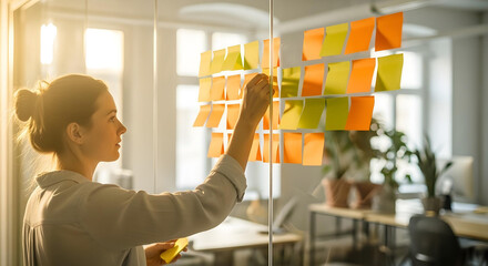 Female employee organizing sticky notes on a glass wall in a creative workspace