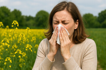 Woman experiencing allergic reaction while sneezing in a field with blooming flowers during spring season. concept of allergies, seasonal change, and environmental sensitivity