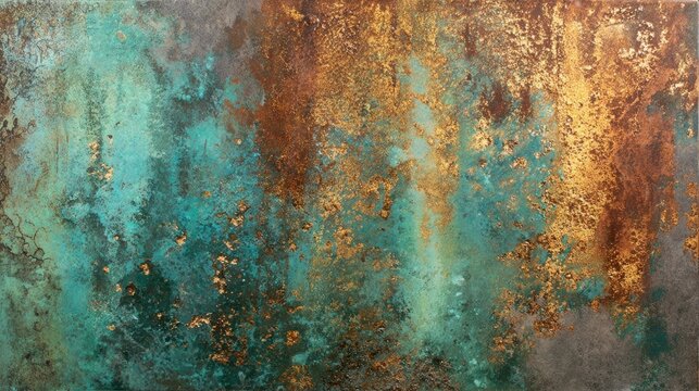 Metallic copper foil texture with oxidized patina and industrial weathering