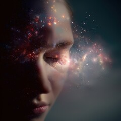 Dreamy Portrait: Closed Eyes with Galaxy Overlay and Cosmic Sparkles