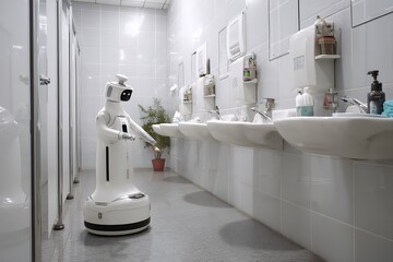 Autonomous Cleaning Robot in Modern Public Restroom  A futuristic sanitation solution enhancing hygiene