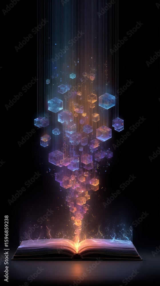 Aufkleber open book with glowing light and floating hexagonal shapes, creating a magical atmosphere, represent