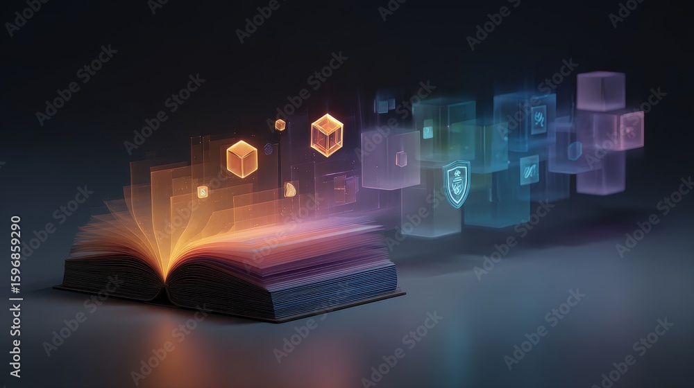 Poster open book with glowing pages, surrounded by floating digital icons and cubes, representing knowledge