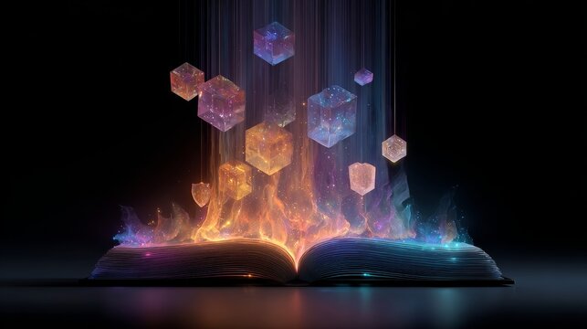 Open book with vibrant flames and floating geometric shapes, creating a magical atmosphere, representing creativity, knowledge, and imagination in a visually stunning composition