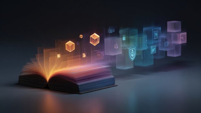 Open book with glowing pages, surrounded by floating digital icons and cubes, representing knowledge, technology, and innovation in a modern educational context with transparent background