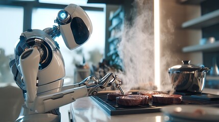 Futuristic Robot Chef Preparing Delicious Steaks in Modern Kitchen