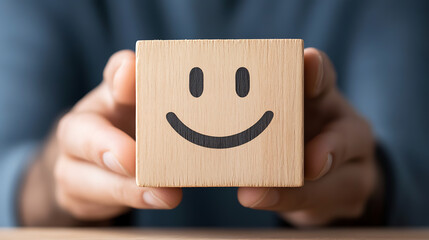 A person holding a wooden block with a happy face drawn on it. The person has a shirt on and the background is blurred. Focus on positivity.