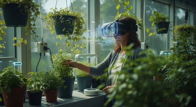 Woman in VR Headset Interacting with Indoor Garden Plants