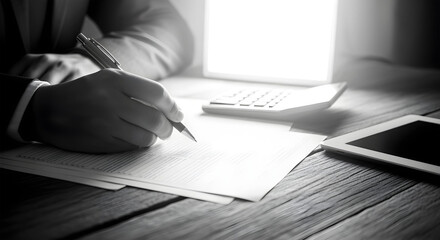 Close-up of pen in hand filling out financial forms on wooden desk, calculator and tablet nearby