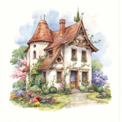 Quaint white house with red roof and two chimneys. Blue door and windows with rich garden surrounded by flowers and plants. Nestled in serene environment with blue sky and fluffy white clouds.