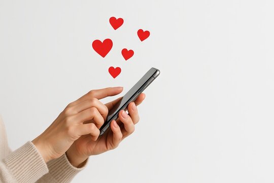 Female Hands holding smartphone with red hearts on white background. concept of online dating, digital communication, social media interaction