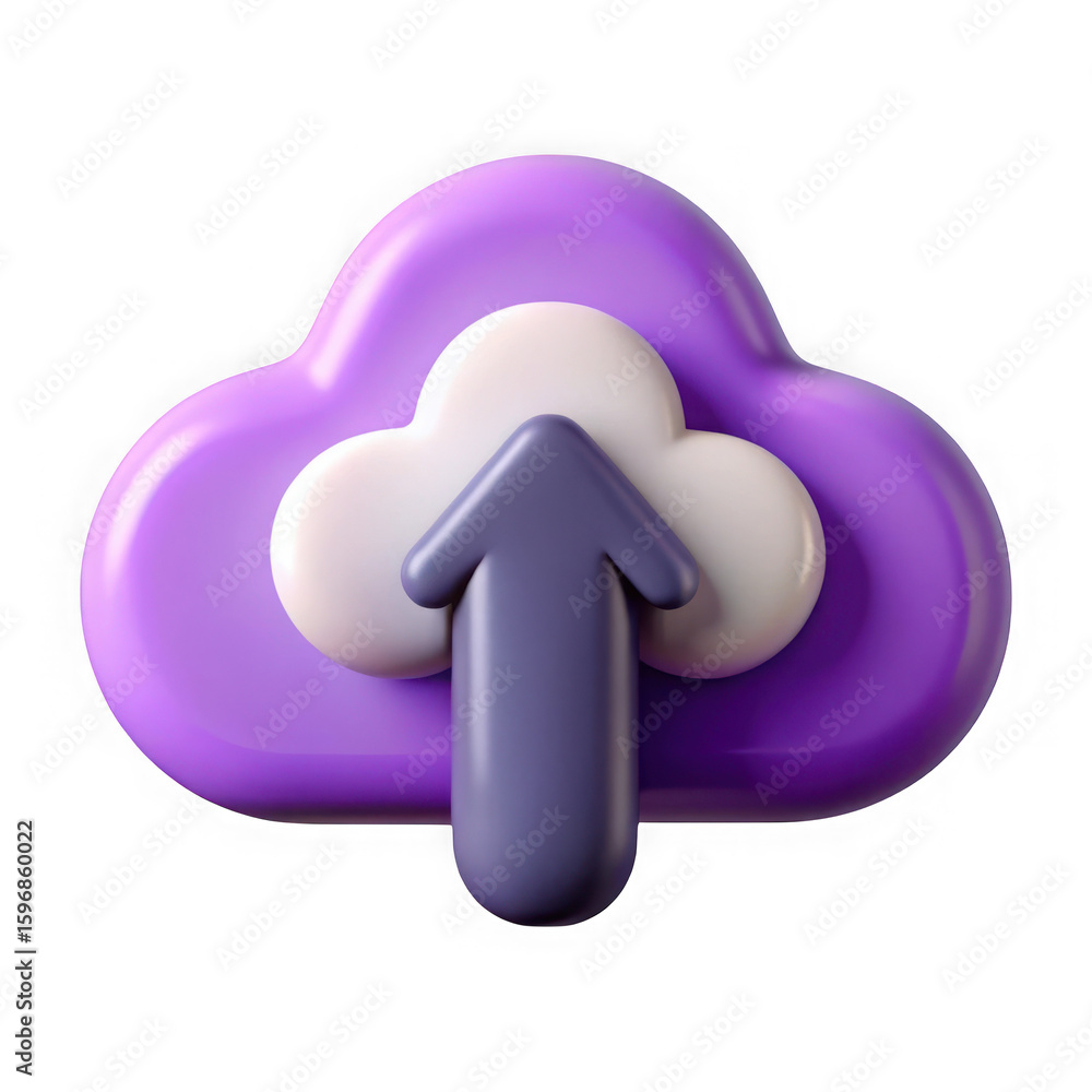 Poster 3d purple cloud with upward arrow upload icon isolated on transparent background